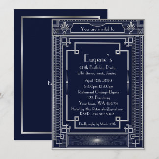 Birthday Party man, silber Gatsby Stil, Marine Einladung