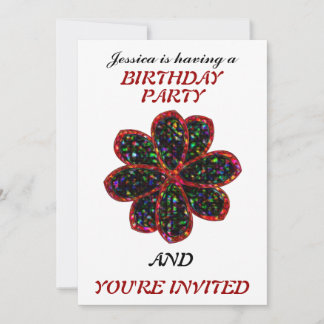 Birthday Party mit Blaack und Rotem Glitzer Blume Einladung