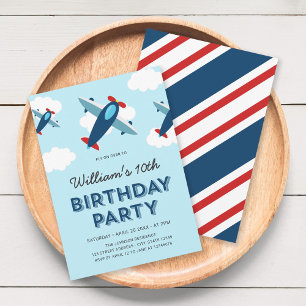 Birthday Party mit blauem und rotem Flugzeug Einladung
