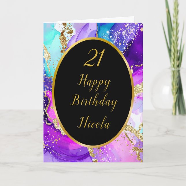 Birthday Party mit Blauen, Lila und Goldfarben Karte (Vorderseite)
