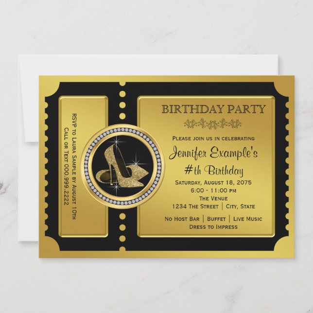 Birthday Party mit Gold High Heel Shoe Einladung (Vorderseite)