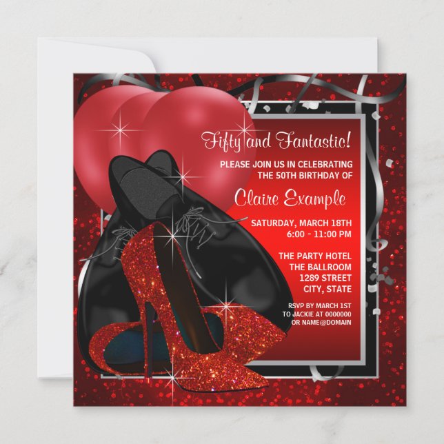 Birthday Party mit schwarzen und roten High Heels Einladung (Vorderseite)