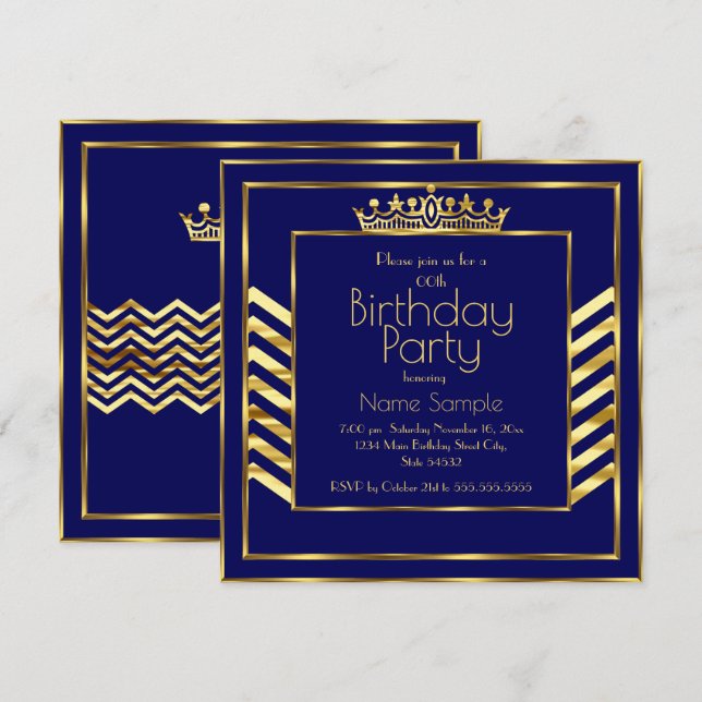 Birthday Party Navy Blue Gold Crown Art Deco Einladung (Vorne/Hinten)