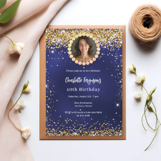 Birthday party navy blue gold diamond photo einladung