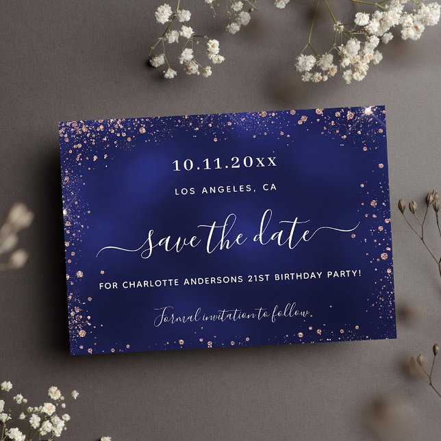 Birthday party navy blue rose gold glitter save the date (Von Creator hochgeladen)