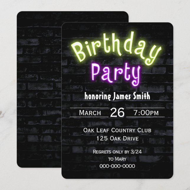Birthday Party Neon Glow Sign auf Brick Wall Einladung (Vorne/Hinten)