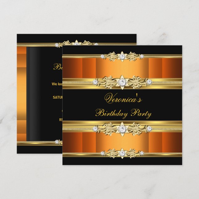 Birthday Party Orange Gold Black Einladung (Vorne/Hinten)