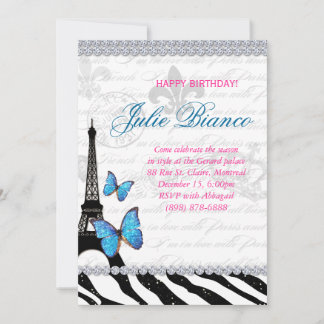 Birthday Party Paris Card Eiffel Tower Butterfly G Einladung