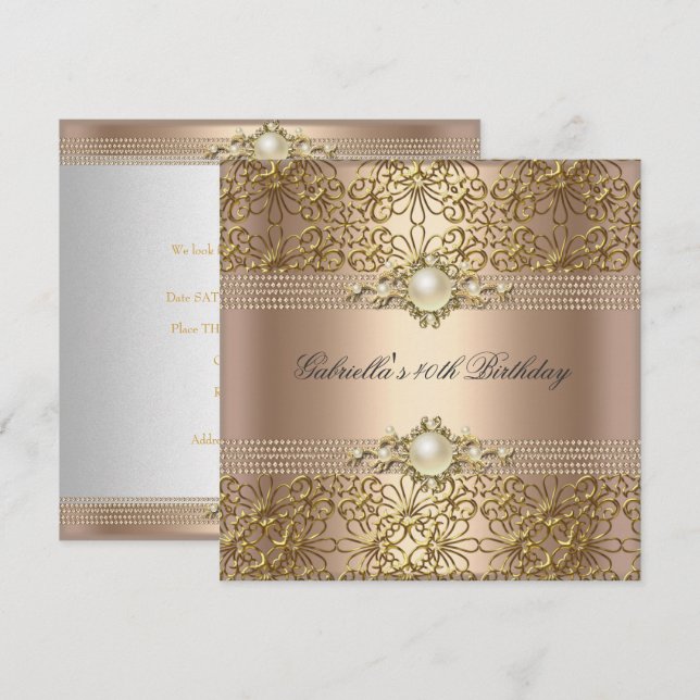 Birthday Party Pearl Coffee Creme Gold-Kette Einladung (Vorne/Hinten)