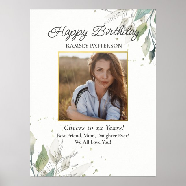 Birthday Party Photo Pretty Botanical Any Age Poster (Vorne)