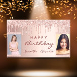 Birthday party photo rose gold glitter friends banner<br><div class="desc">A banner for a girly and glamorous birthday party for two girls, women. A faux rose gold metallic looking background with an elegant faux rose gold, pink glitter drips, paint dripping look. Add your own 2 two photos of the birthday girls. Text: Happy Birthday. The word Birthday and the names...</div>