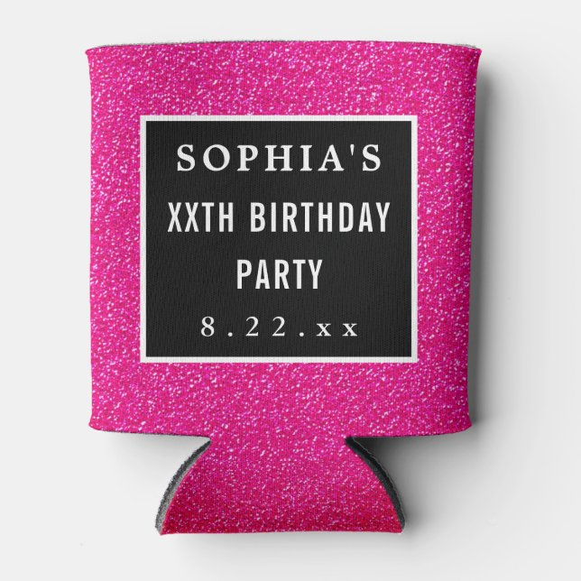 Birthday Party Pink Glitzer Moderne Typografie Dosenkühler (Vorderseite)