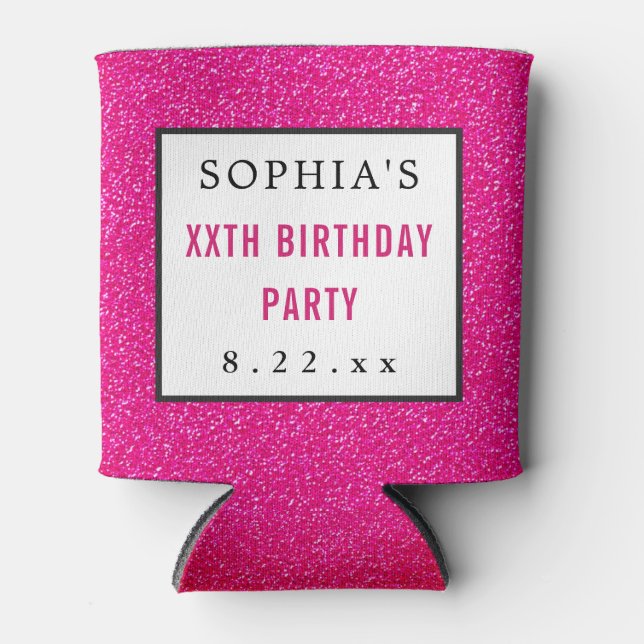 Birthday Party Pink Glitzer Moderne Typografie Dosenkühler (Vorderseite)