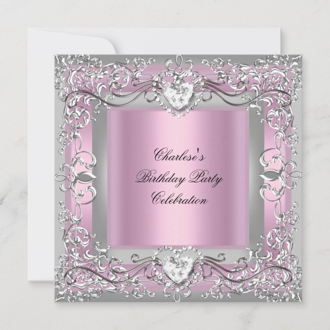 Birthday Party Pink Silver Diamond Einladung (Vorderseite)
