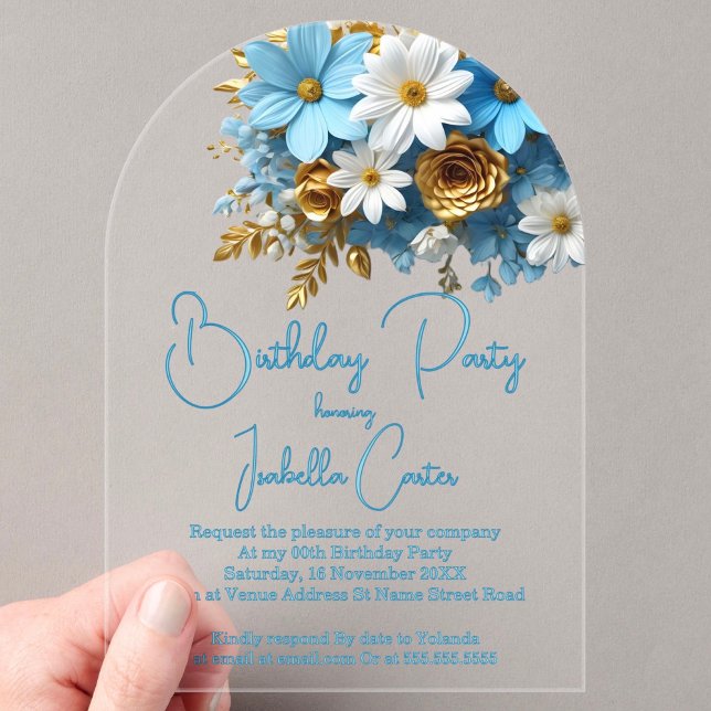 Birthday Party Powder Blue Gold White Floral Acryleinladungen (Von Creator hochgeladen)