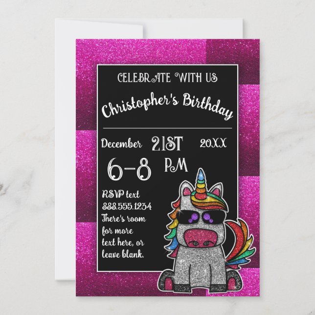 Birthday Party Rainbow Glitzer Unicorn Einladung (Rückseite)