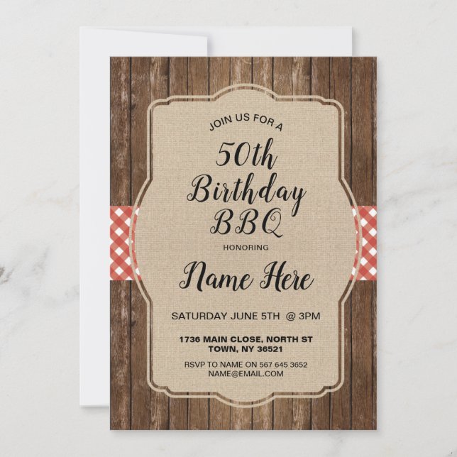 Birthday Party Red Gingham Burlap GRILLEN Invite Einladung (Vorderseite)