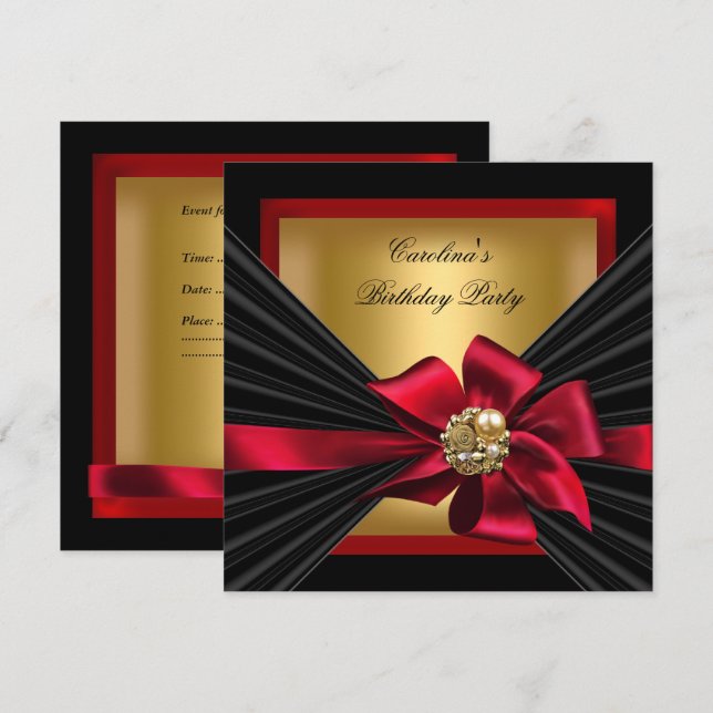 Birthday Party Red Gold Black Bow Jewel Einladung (Vorne/Hinten)