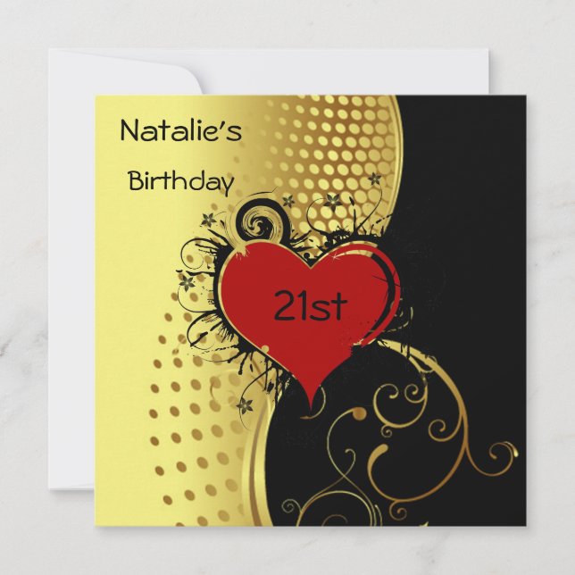 Birthday Party Red Heart Gold und Black Einladung (Vorderseite)