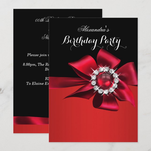 Birthday Party Red Pearl Diamond Bow Einladung (Vorne/Hinten)