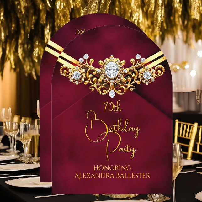 Birthday Party Red Plum Faux Velvet Gold Diamonds Einladung (Von Creator hochgeladen)
