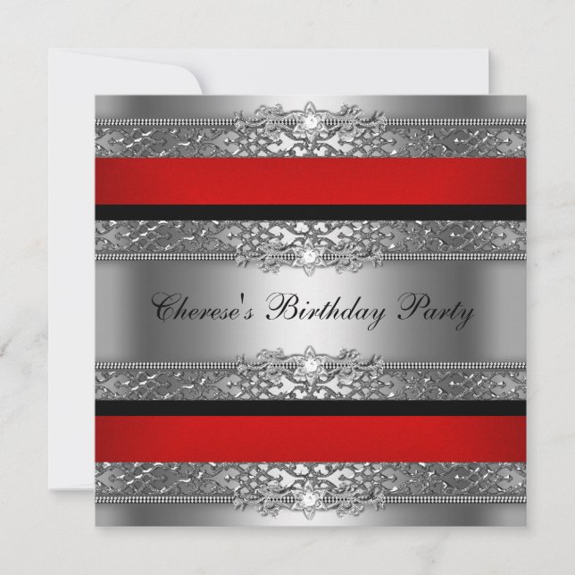 Birthday Party Red Silver Black Diamond Einladung (Vorderseite)
