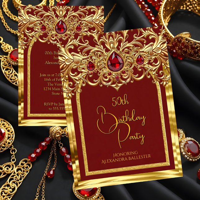 Birthday Party Regal Red Gold Lace Diamonds Gems Einladung (Von Creator hochgeladen)