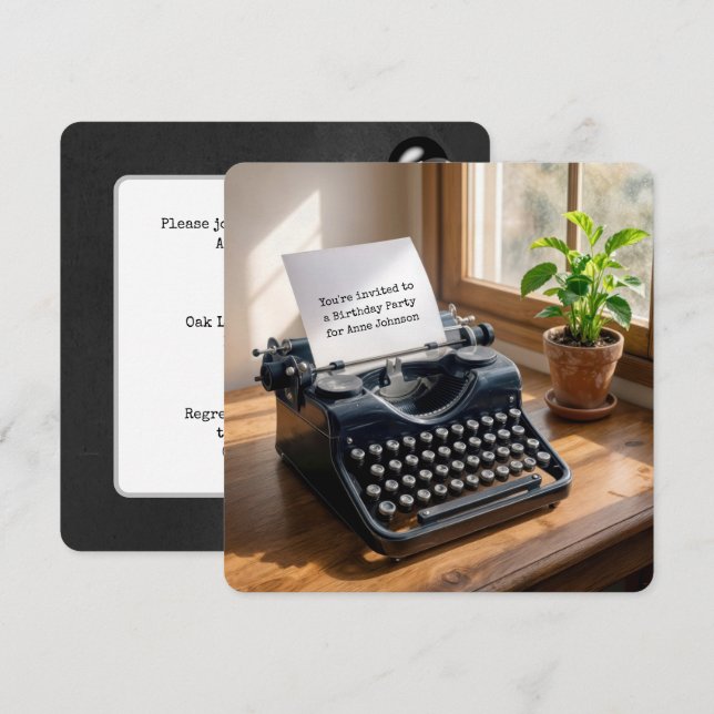 Birthday Party Retro Typewriter by a Window Einladung (Vorne/Hinten)