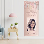 Birthday party rose gold glitter silver photo banner<br><div class="desc">A vertical banner for a girly and glamorous 50th (or any age) birthday party. A faux rose gold gradient background with an elegant rose gold, pink and faux silver glitter drips, paint dripping look. Personalize and add a photo of the birthday girl. The text: Templates for text, name and a...</div>