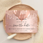Birthday party rose gold save the date<br><div class="desc">A girly and trendy Save the Date card for a 18th (or any age) birthday party. A blush, rose gold gradient background decorated with faux glitter drips, sparkles, and balloons. Personalize and add a date and name/age. The text: Save the Date is written with a large trendy hand lettered style...</div>