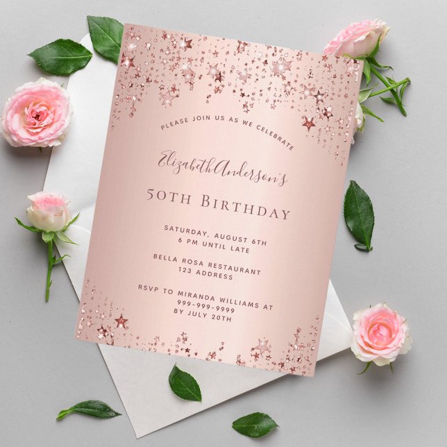 Birthday Party Rose goldene Sterne Einladung Postkarte (Von Creator hochgeladen)