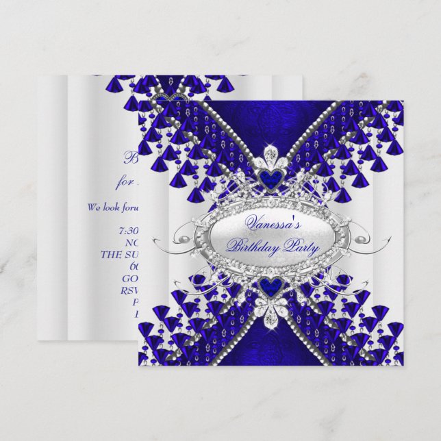 Birthday Party Royal Blue White Heart Diamond Einladung (Vorne/Hinten)