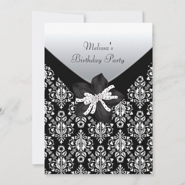 Birthday Party Schwarz-weiß Damask Einladung (Vorderseite)