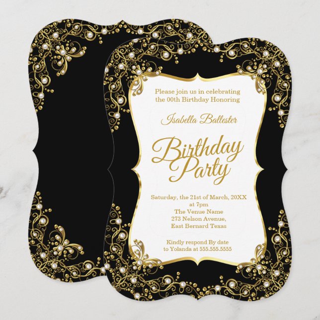 Birthday Party schwarze Gold White Pearls Einladung (Vorne/Hinten)