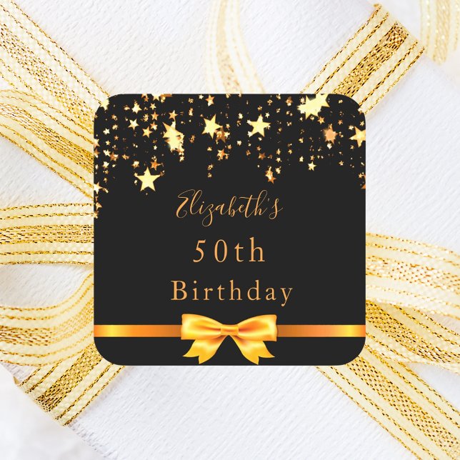 Birthday Party schwarze goldene Stars Moderner Chi Quadratischer Aufkleber (Von Creator hochgeladen)