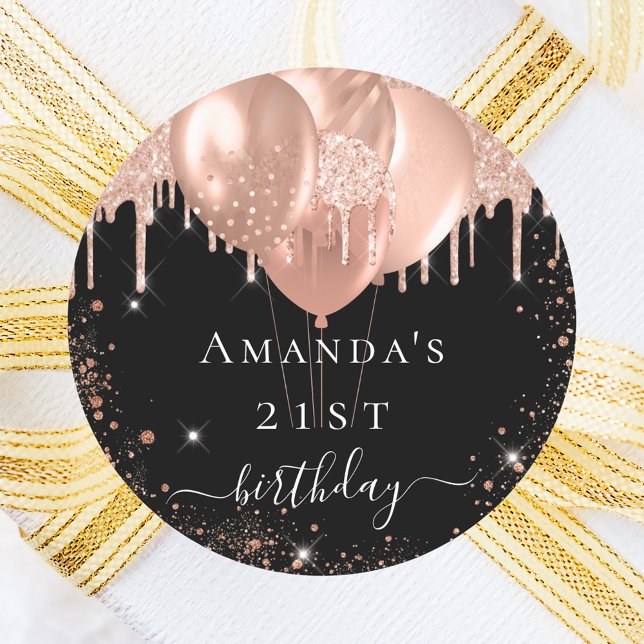Birthday Party Schwarze Rose Gold Glitzer Ballons Runder Aufkleber (Von Creator hochgeladen)