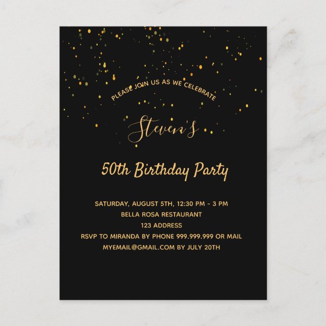 Birthday Party schwarzes Gold einfache Einladung Postkarte (Vorderseite)