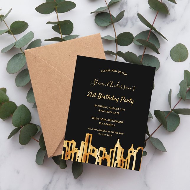 Birthday Party Schwarzes Gold Stadt Skyline Einlad Postkarte (Von Creator hochgeladen)