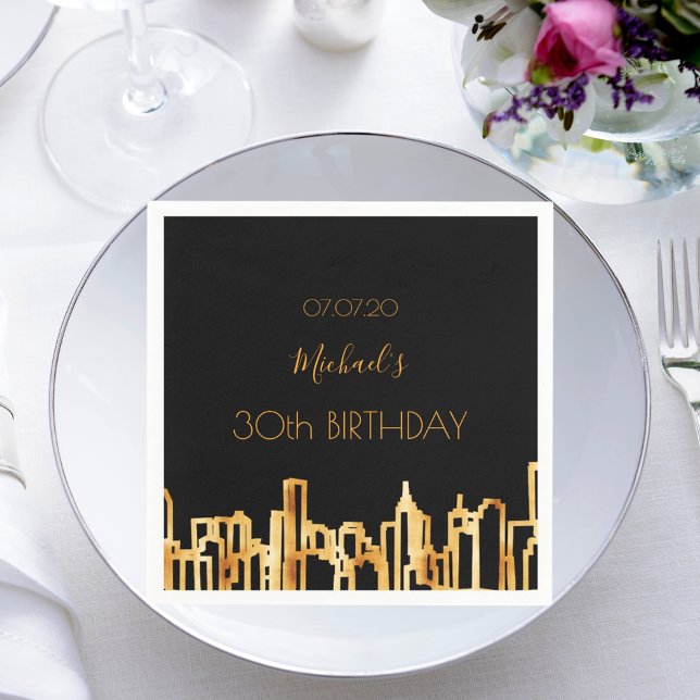 Birthday Party Schwarzes Gold Stadt Skyline Serviette (Von Creator hochgeladen)