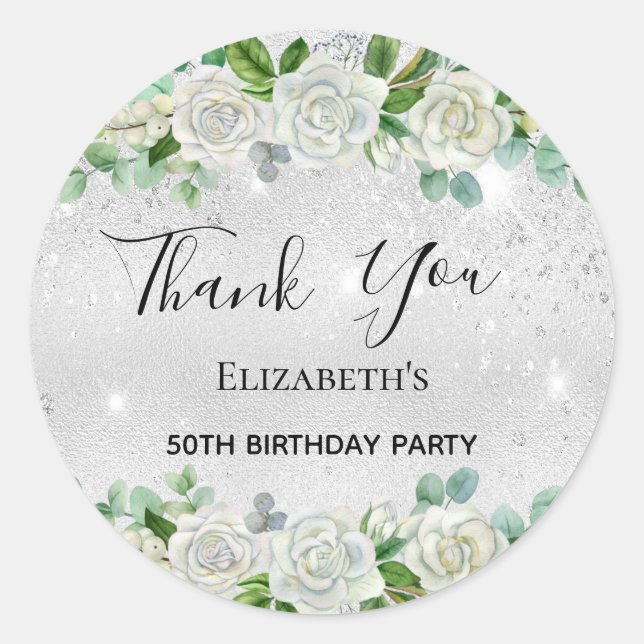 Birthday Party silber Glitzer Blumenbezug Danke Runder Aufkleber (Vorderseite)