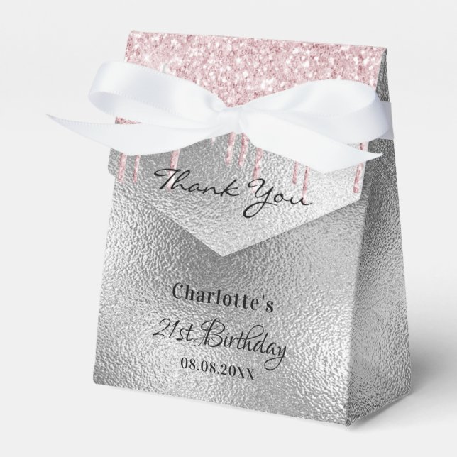 Birthday Party Silber Glitzer Tropfen Rosa Danke Geschenkschachtel (Vorderseite)