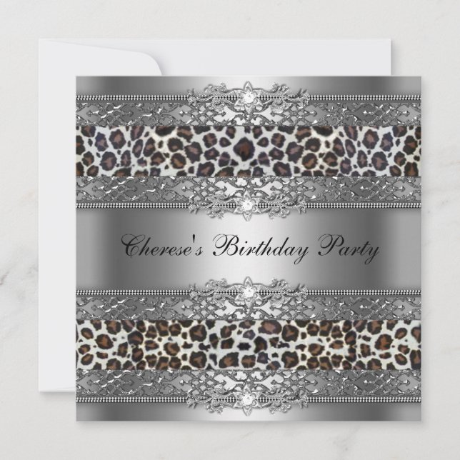 Birthday Party Silver Cheetah Diamond Einladung (Vorderseite)