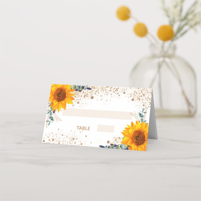 Birthday Party Sonnenblume Eukalyptus Gold Glitzer Platzkarte (Vorderseite)