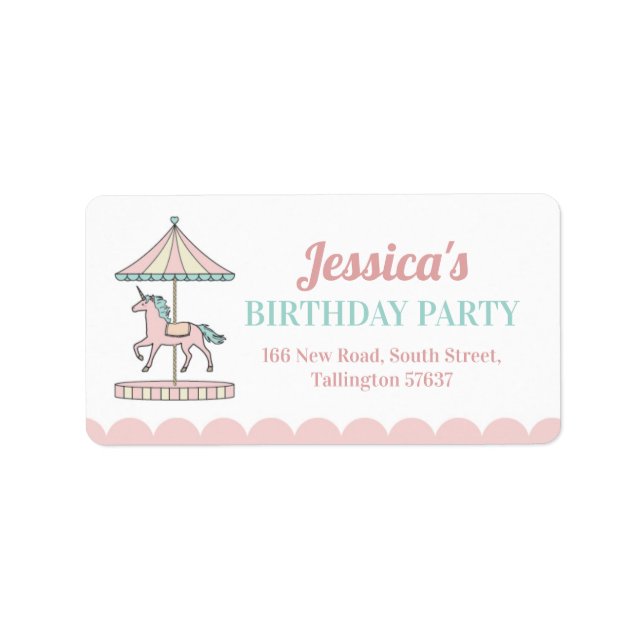 Birthday Party Unicorn Karussell-Adressenschilder Adressaufkleber (Vorne)