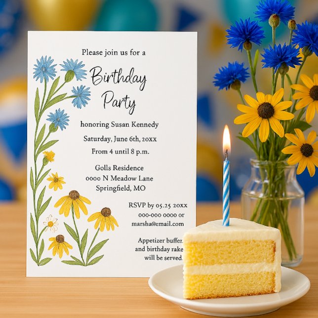 Birthday Party Watercolor Wildflowers  Einladung (Birthday invitation featuring floral, blue, yellow wildflowers, a summer party theme, watercolor )