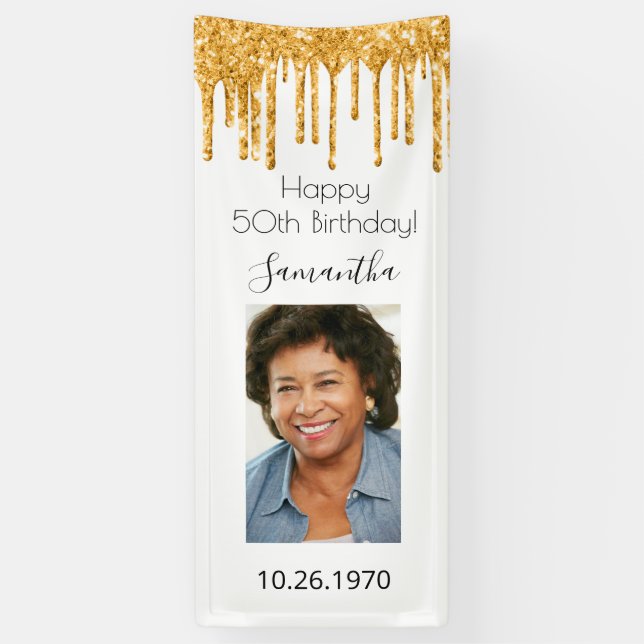 Birthday Party, Weißgold Foto Glitzer Glasur Banner (Vertikal)