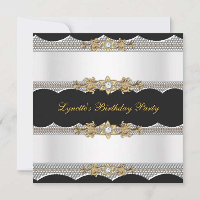 Birthday Party White Gold Black Silver Diamond Einladung (Vorderseite)