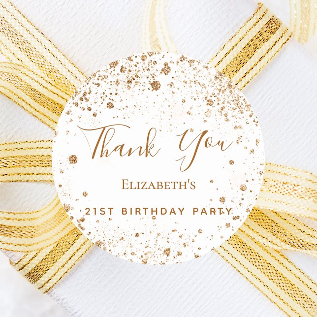 Birthday Party white gold Glitzern name Vielen Dan Runder Aufkleber (Von Creator hochgeladen)