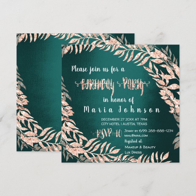 Birthday Party Wreath Glitzer Rose Gold Cali Green Einladung (Vorne/Hinten)