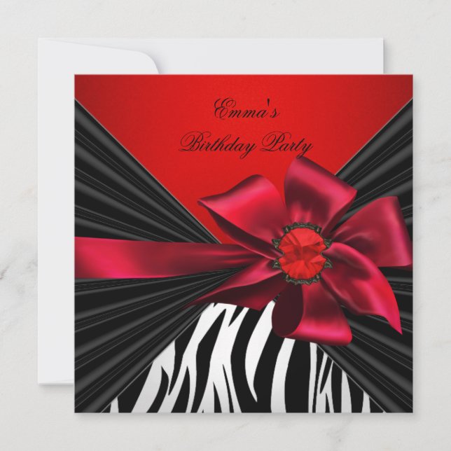 Birthday Party Zebra Elegante Red Black Bow Einladung (Vorderseite)
